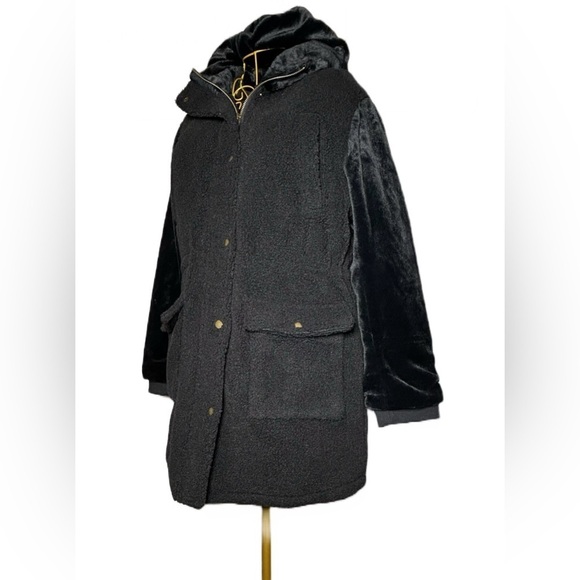 NEW Eden Society Sherpa Black Coat, Faux Fur Sleeves & Hood, Zipper, Pockets, M - Picture 3 of 16